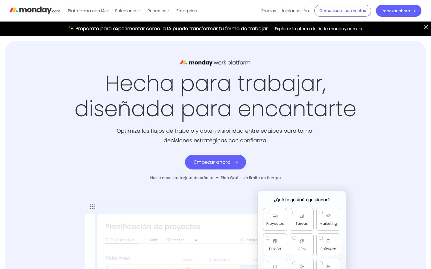 Captura de pantalla del sitio de Monday